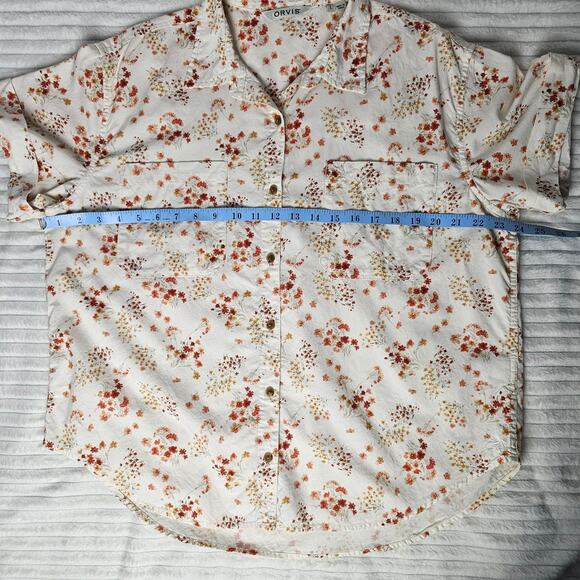 Orvis Women’s L Floral Button Front Shirt Cream Orange Cotton Modal Short Sleeve - Picture 5 of 9